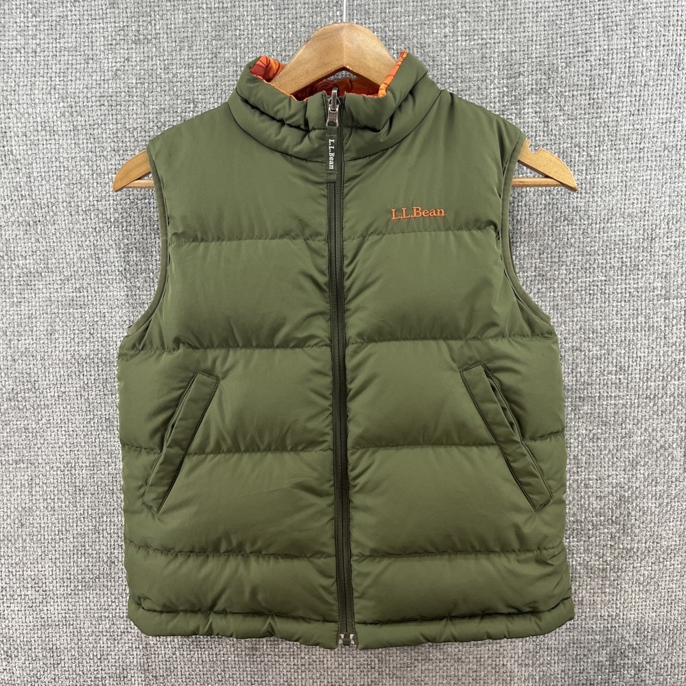 L.L.Bean Kids M 10-12 Reversible Down‎ Puffer Vest Olive Green Orange Topo Print